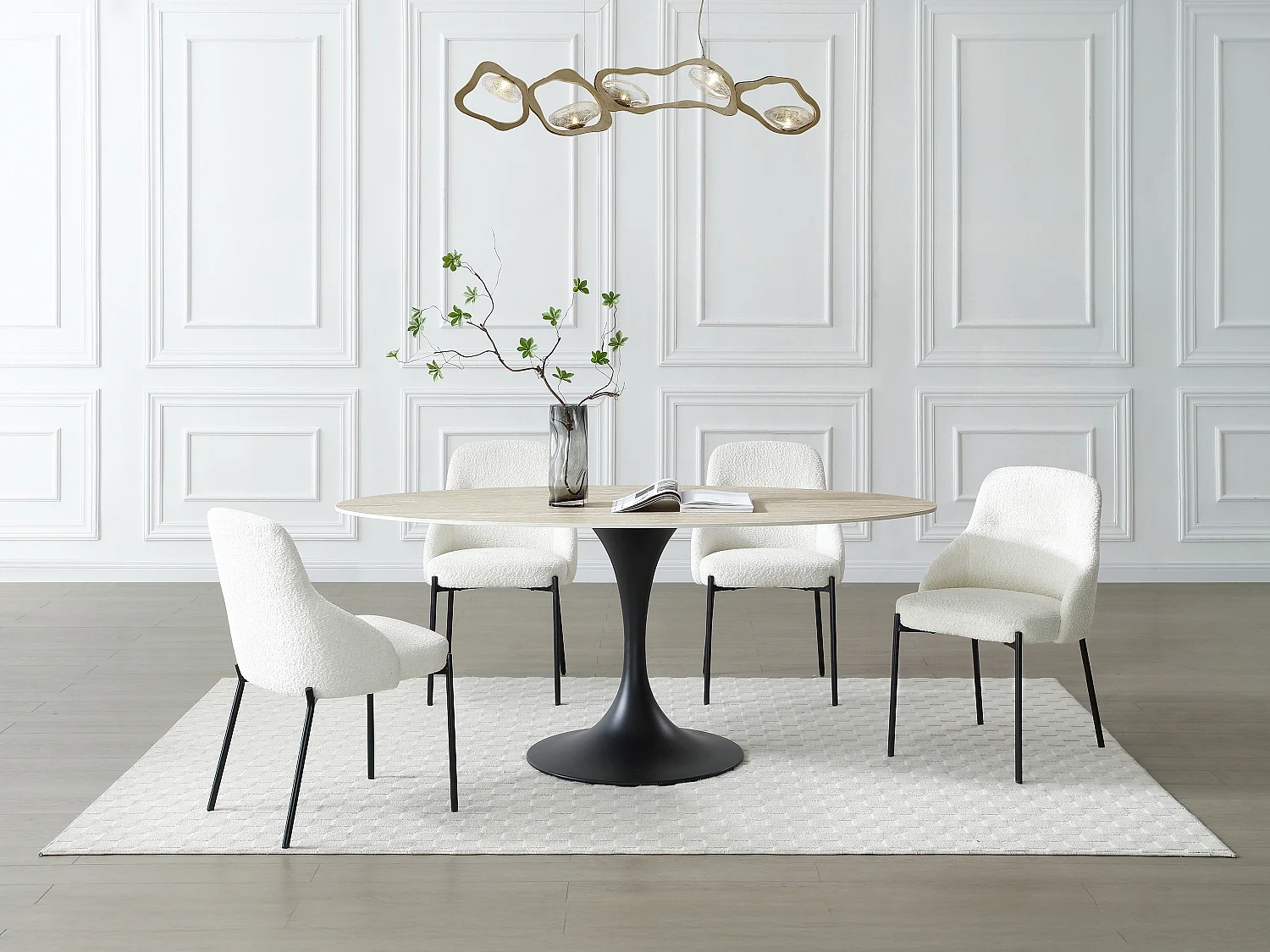Table à manger 8 personnes en céramique et métal noir - Effet travertin beige - ELVA de Maison Céphy