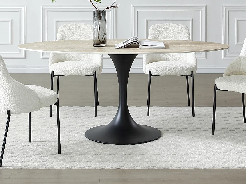 Table à manger 8 personnes en céramique et métal noir - Effet travertin beige - ELVA de Maison Céphy