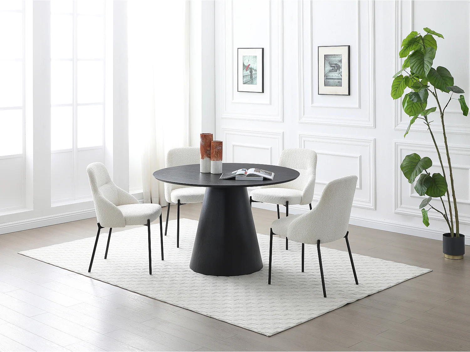 Table à manger ronde 4 personnes placage frêne - Noir - ANTALIZA