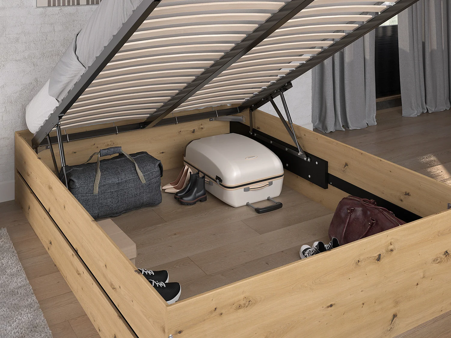 Lit coffre 140 x 190 cm - Coloris : Naturel et noir - LUDARO