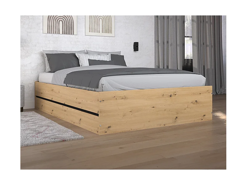 Bett mit Bettkasten + Matratze - 140 x 190 cm - Holzfarben & Schwarz - LUDARO