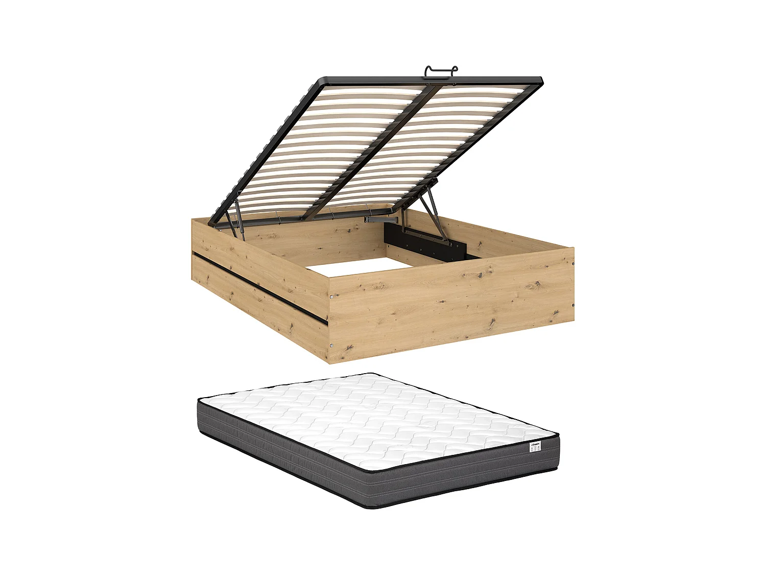 Lit coffre 140 x 190 cm - Coloris : Naturel et noir + Matelas - LUDARO