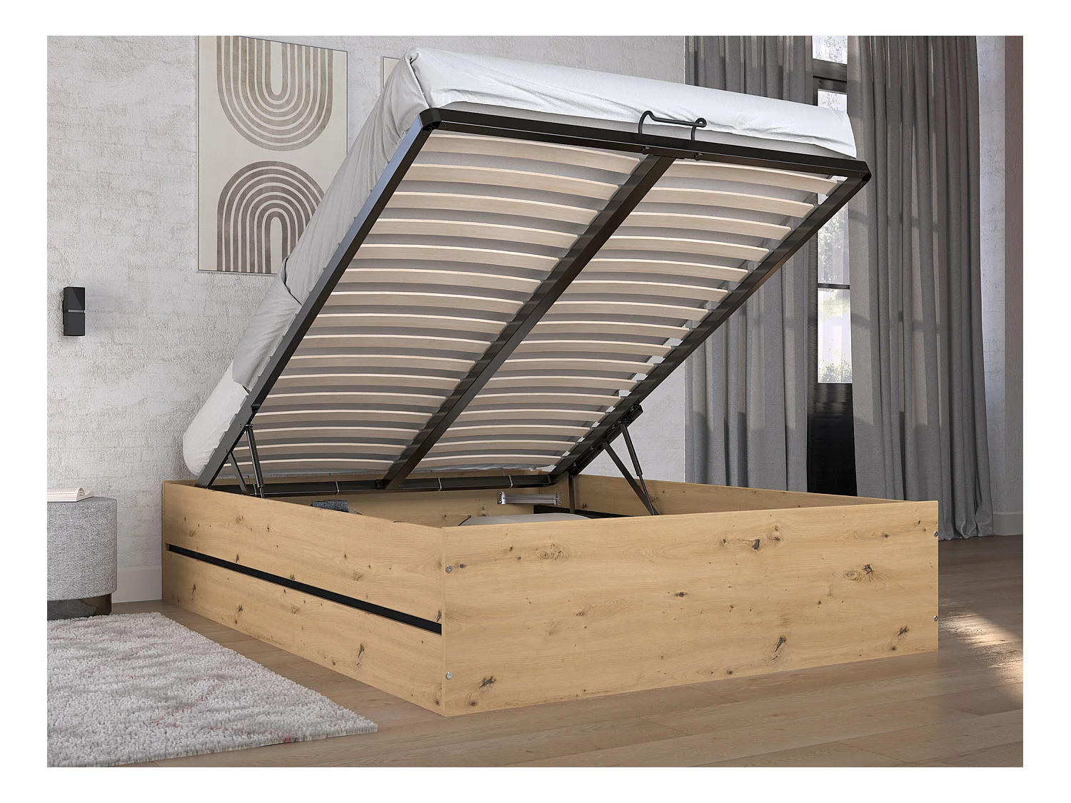 Lit coffre 140 x 190 cm - Coloris : Naturel et noir + Matelas - LUDARO