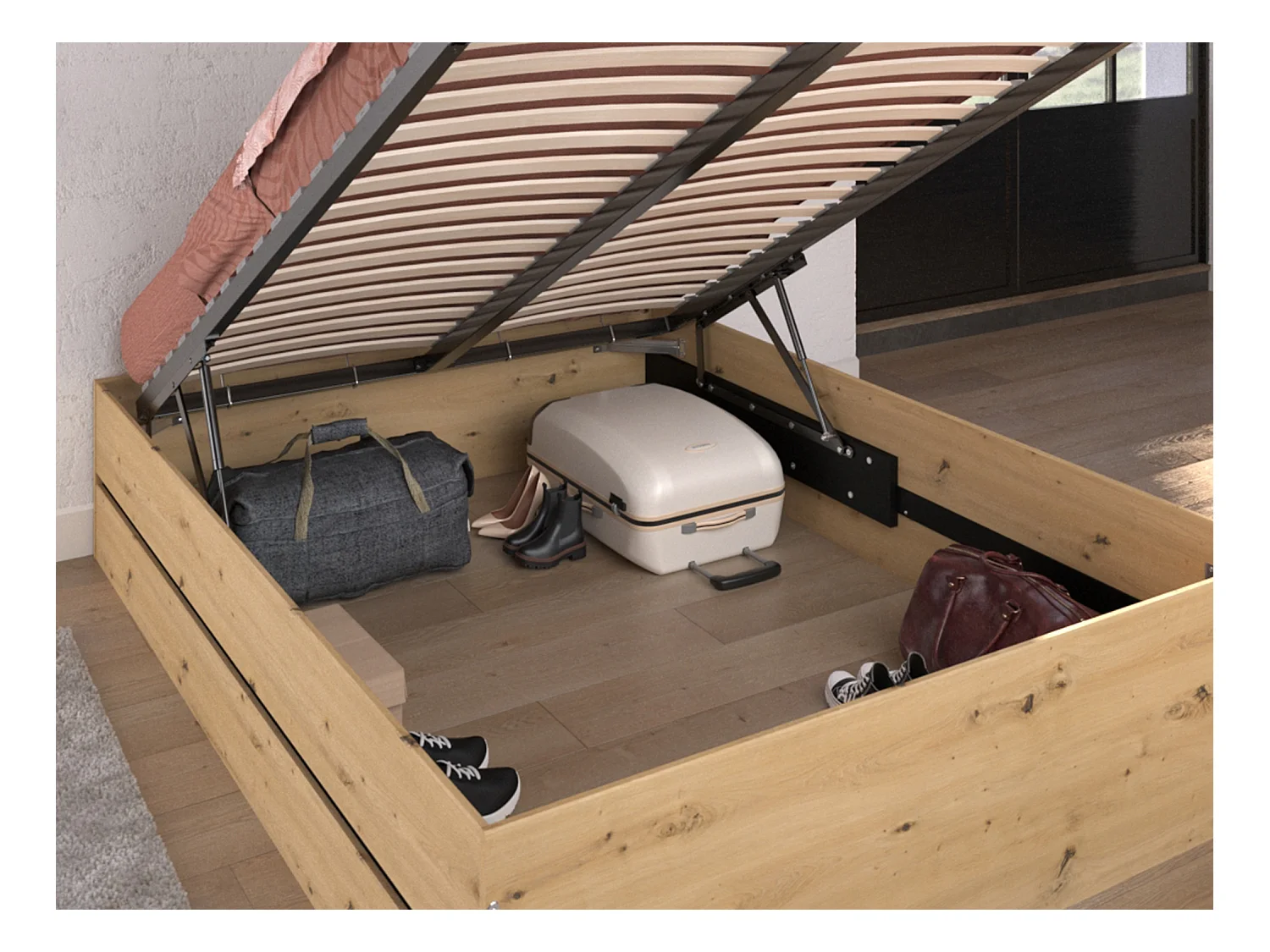 Lit coffre 140 x 190 cm - Coloris : Naturel et noir + Matelas - LUDARO