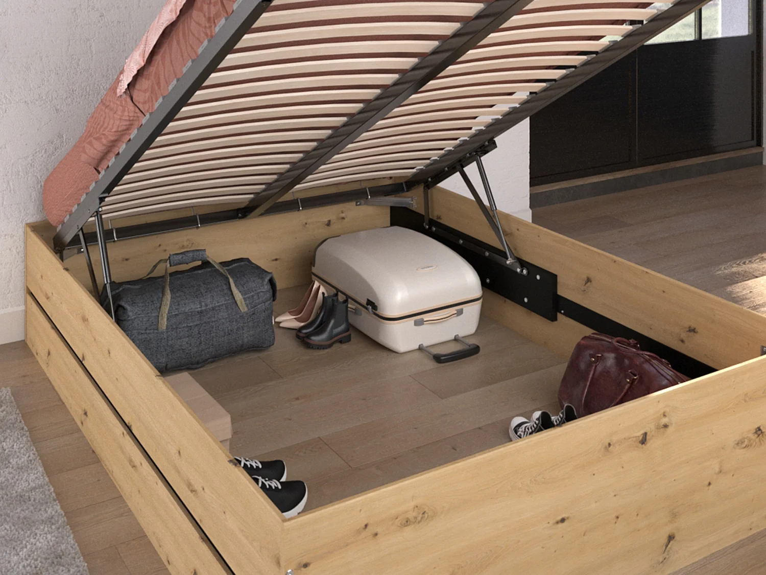 Letto con contenitore 140 x 190 cm Naturale e Nero + Materasso - LUDARO