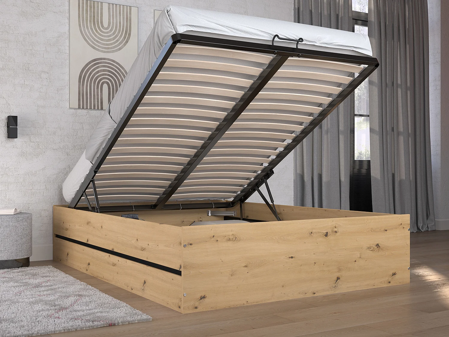 Letto con contenitore 140 x 190 cm Naturale e Nero + Materasso - LUDARO