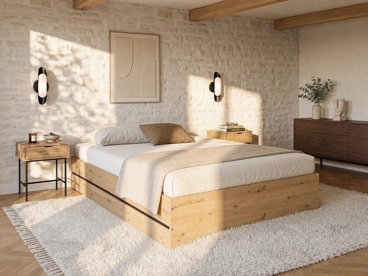 Storage bed 140 x 190 cm - Colour: Natural and black + Mattress - LUDARO