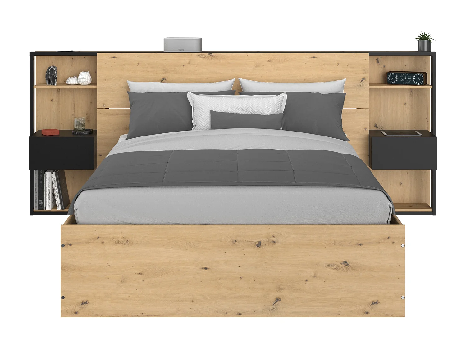 Lit coffre 140 x 190 cm avec chevets - Coloris : Naturel et noir - LUDARO