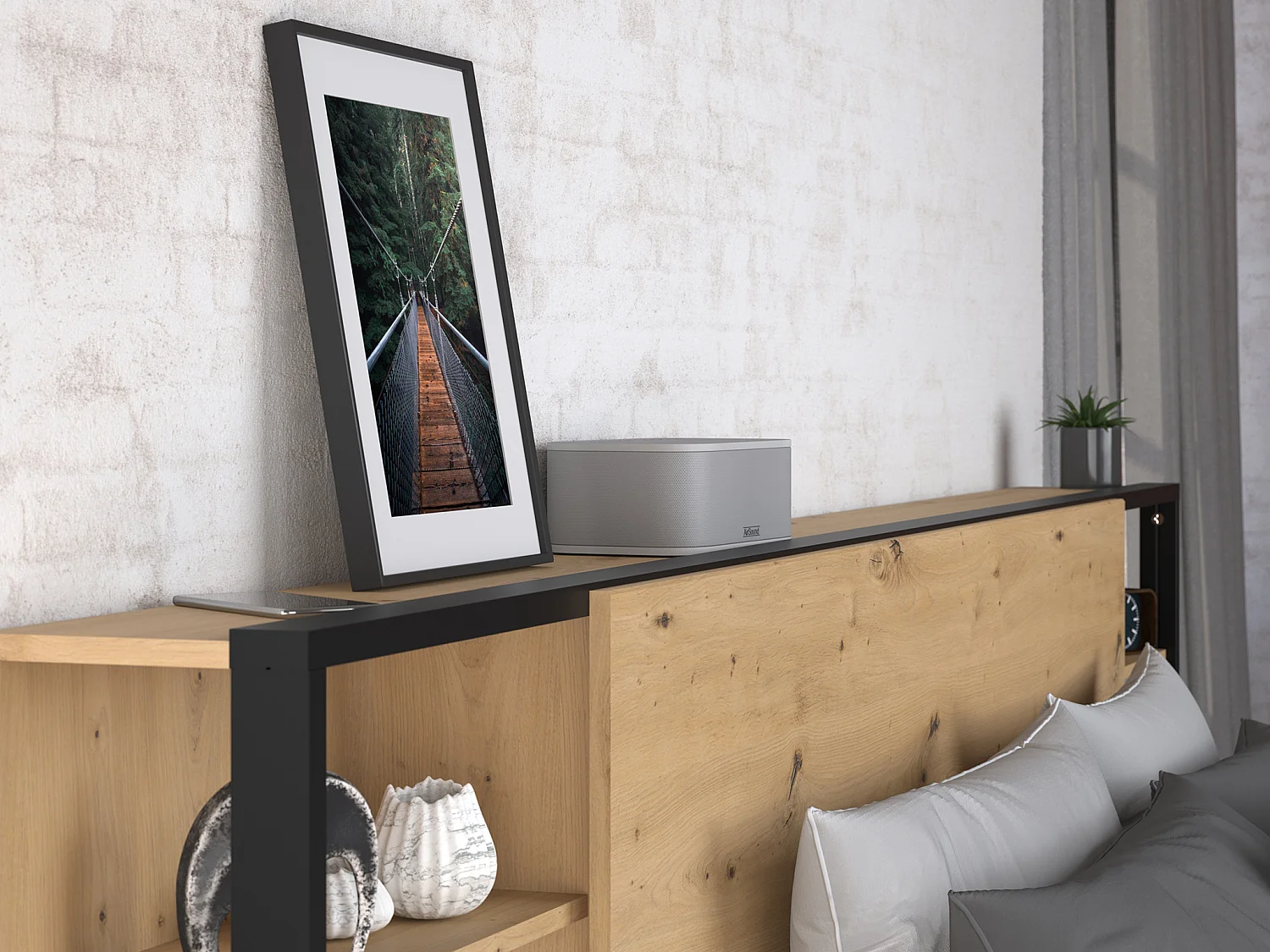 Lit coffre 140 x 190 cm avec chevets - Coloris : Naturel et noir - LUDARO