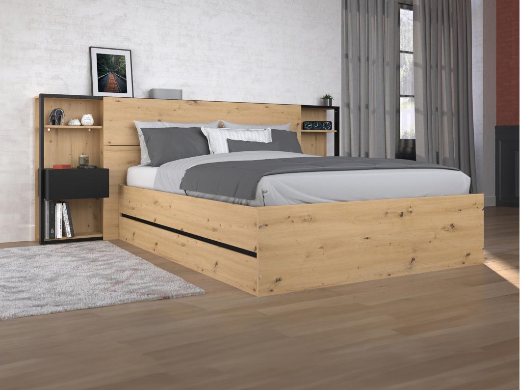 Lit coffre 140 x 190 cm avec chevets - Coloris : Naturel et noir - LUDARO