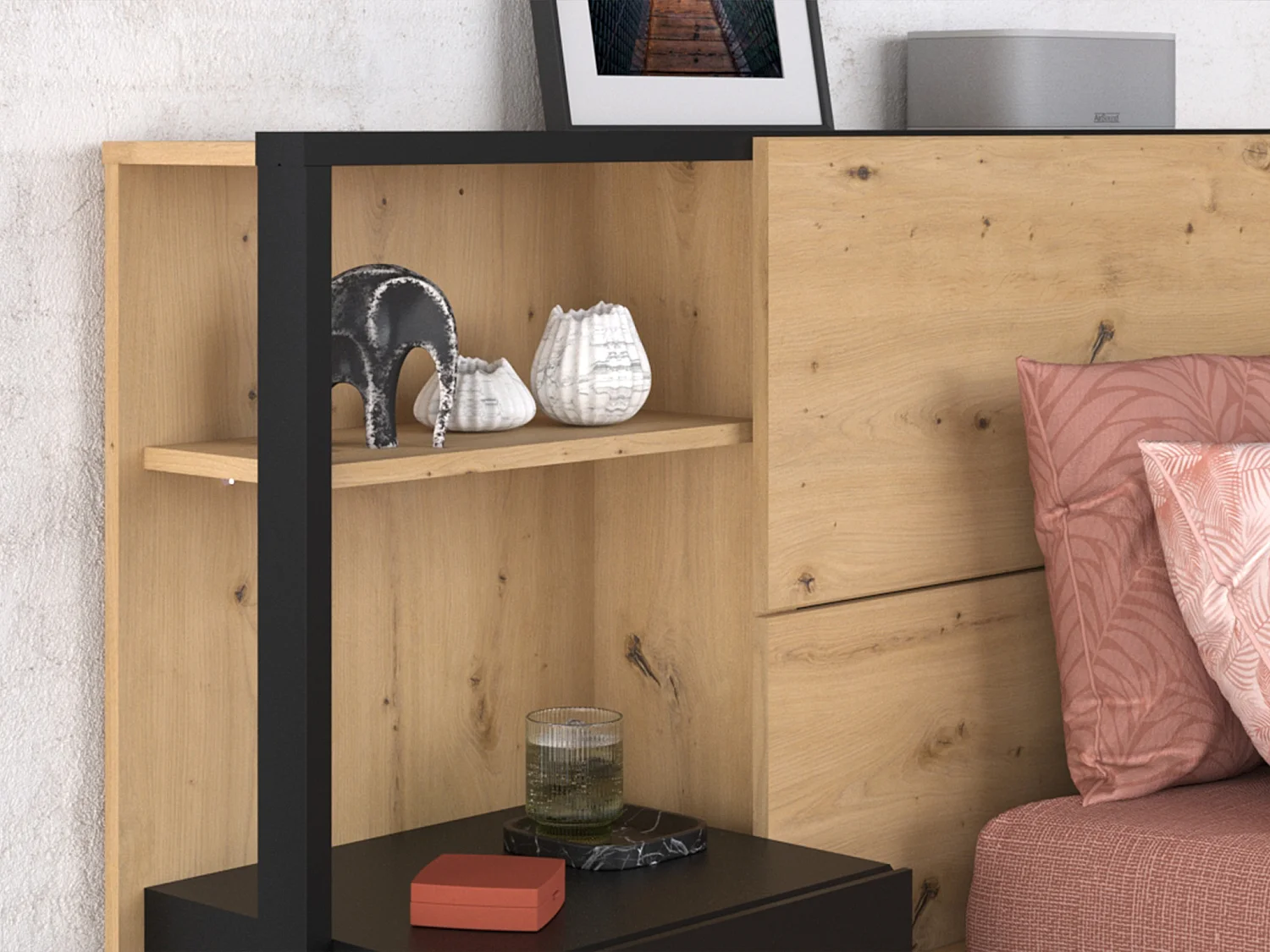 Bett mit Bettkasten und Nachttischen + Matratze - 140 x 190 cm - Holzfarben & Schwarz - LUDARO