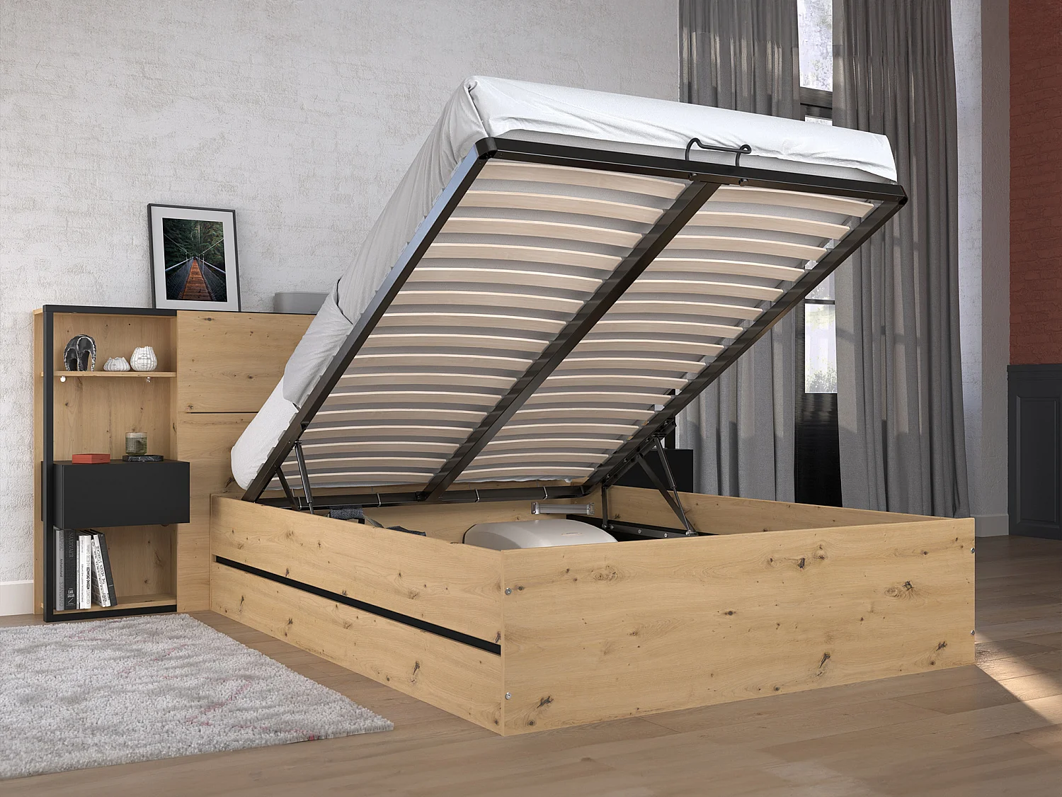 Bett mit Bettkasten und Nachttischen + Matratze - 140 x 190 cm - Holzfarben & Schwarz - LUDARO