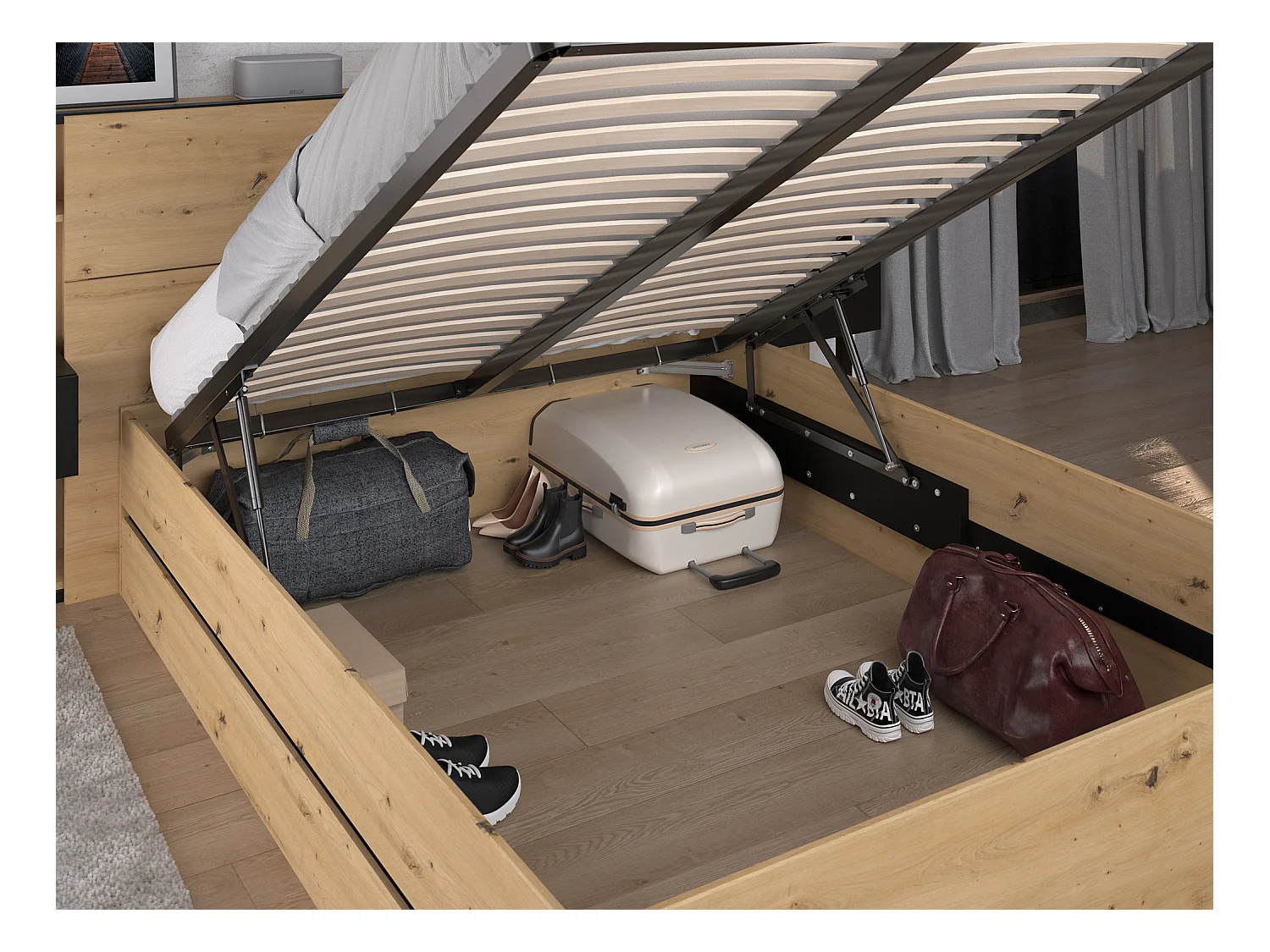 Bett mit Bettkasten und Nachttischen + Matratze - 140 x 190 cm - Holzfarben & Schwarz - LUDARO