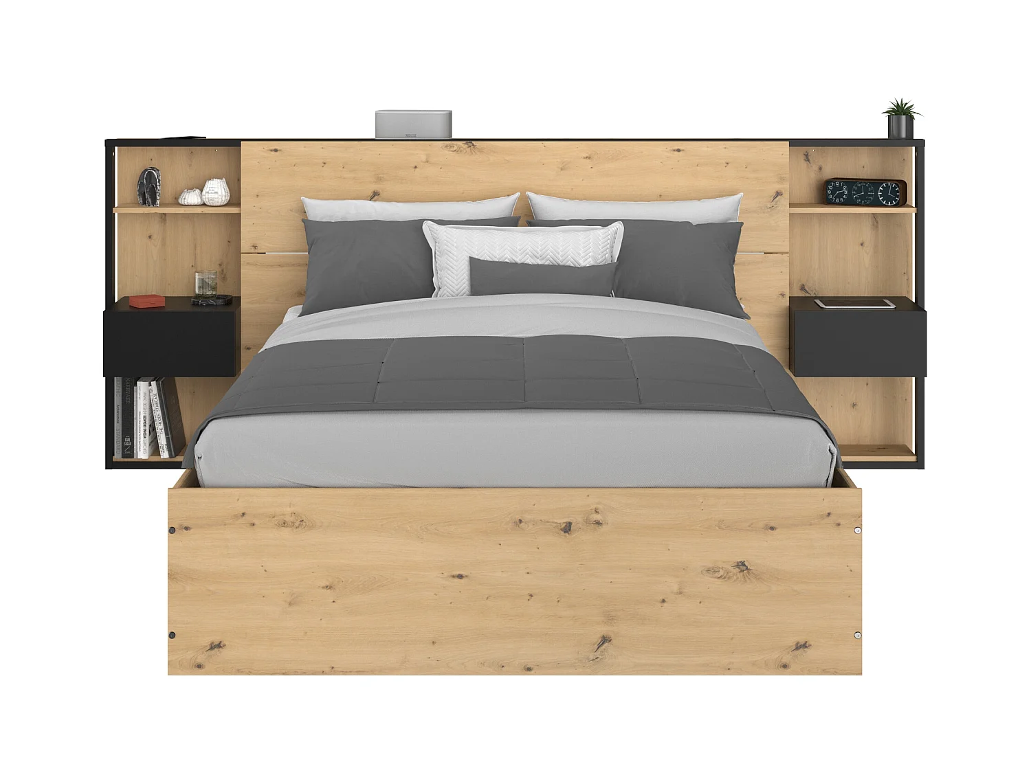 Bett mit Bettkasten und Nachttischen + Matratze - 140 x 190 cm - Holzfarben & Schwarz - LUDARO