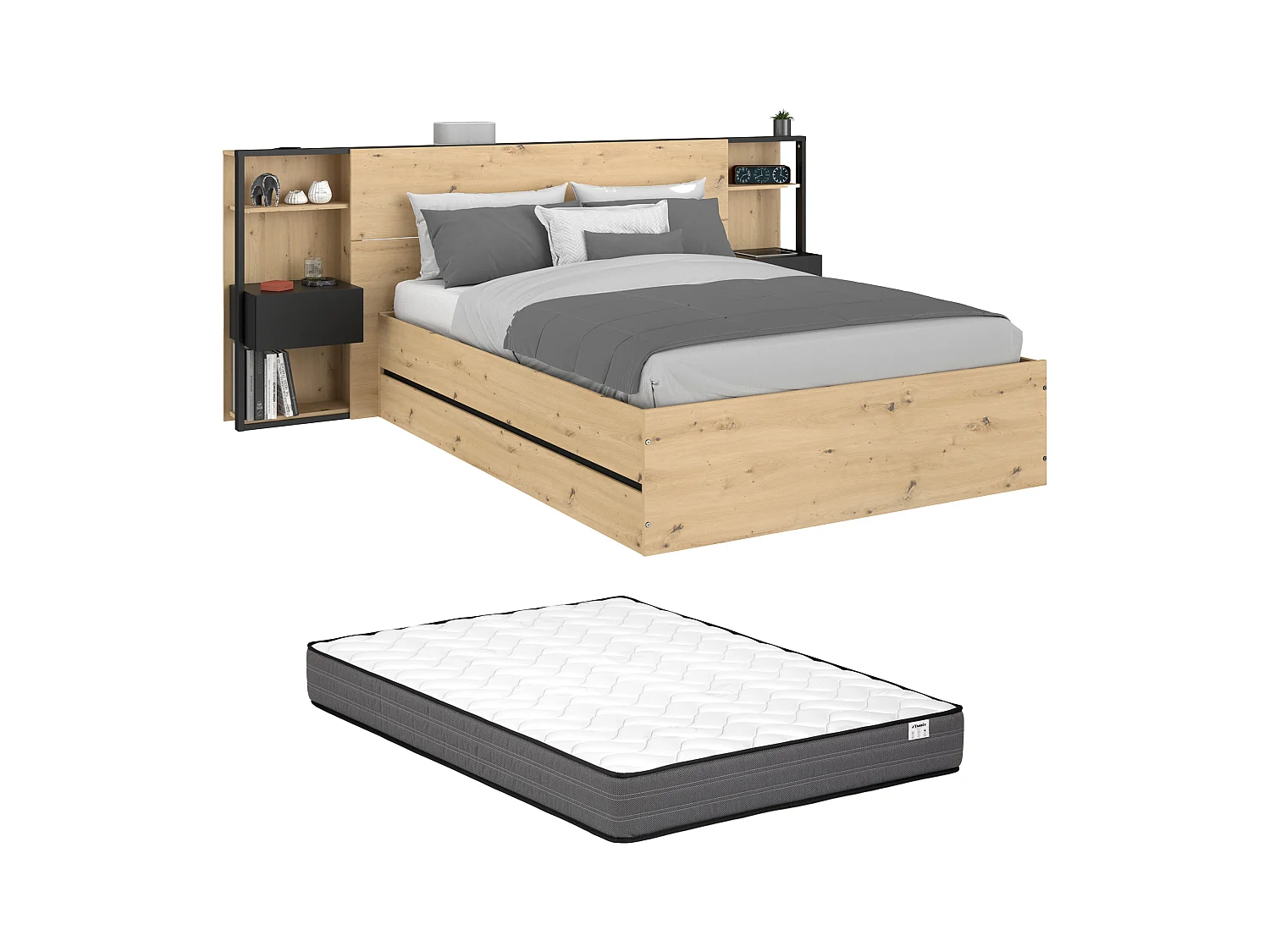 Lit coffre 140 x 190 cm avec chevets - Coloris : Naturel et noir + Matelas - LUDARO