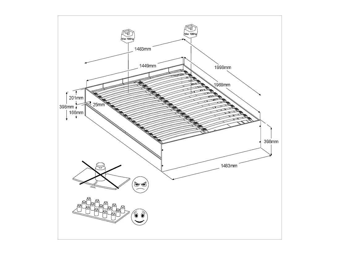 Lit coffre 140 x 190 cm avec chevets - Coloris : Naturel et noir + Matelas - LUDARO