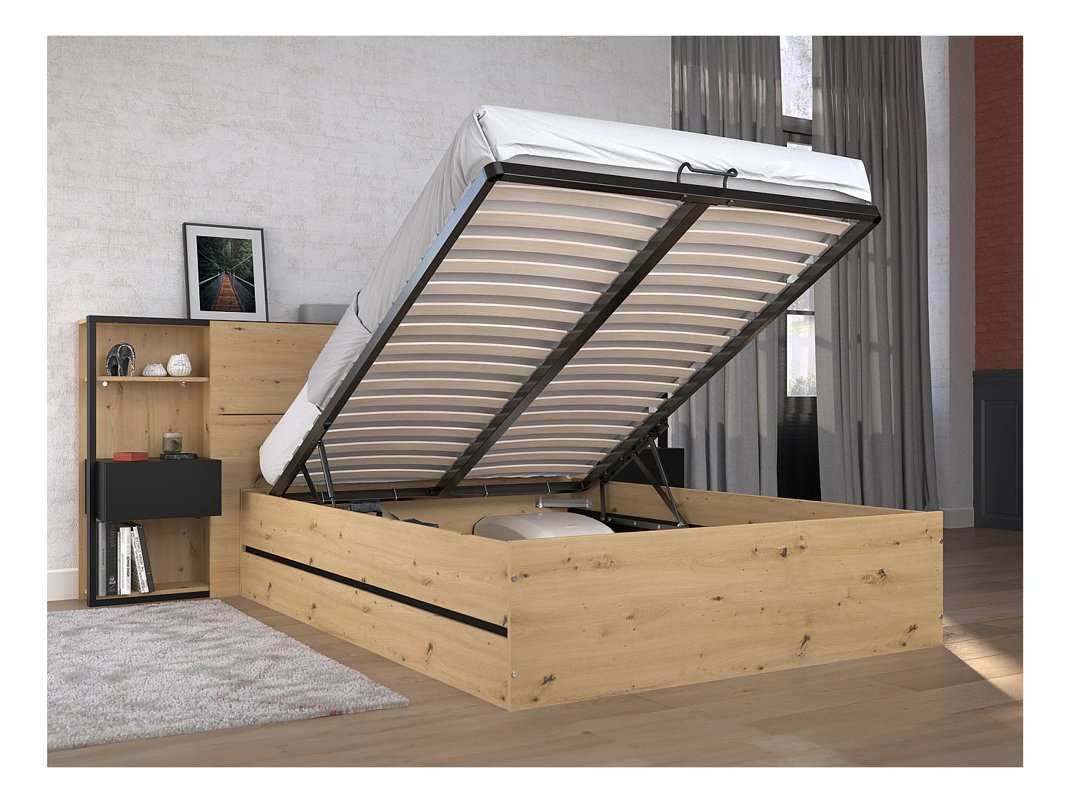 Lit coffre 140 x 190 cm avec chevets - Coloris : Naturel et noir + Matelas - LUDARO