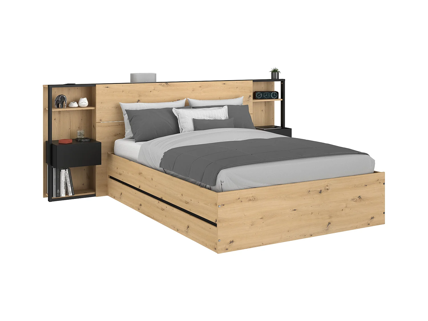 Lit coffre 140 x 190 cm avec chevets - Coloris : Naturel et noir + Matelas - LUDARO