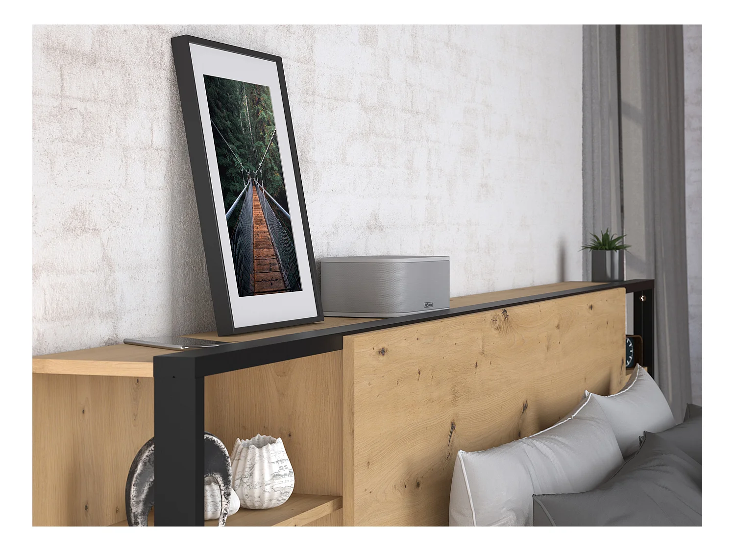 Lit coffre 140 x 190 cm avec chevets - Coloris : Naturel et noir + Matelas - LUDARO