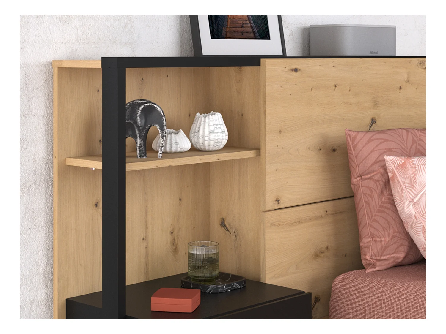 Lit coffre 140 x 190 cm avec chevets - Coloris : Naturel et noir + Matelas - LUDARO