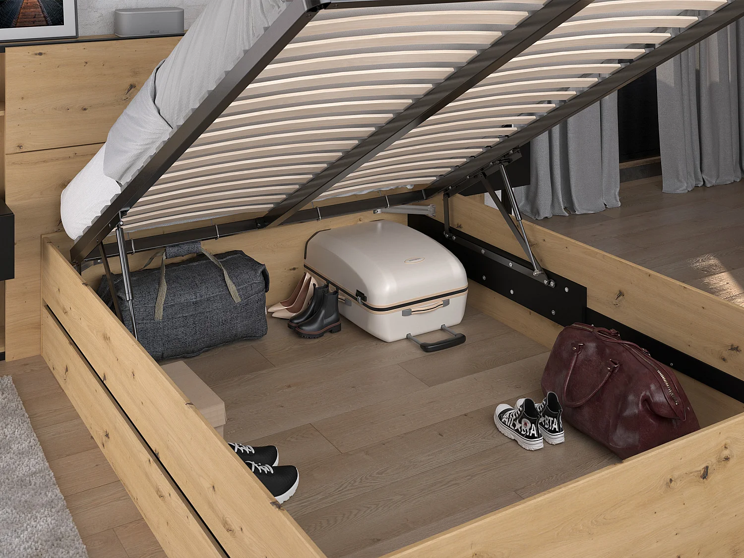 Lit coffre 140 x 190 cm avec chevets - Coloris : Naturel et noir + Matelas - LUDARO