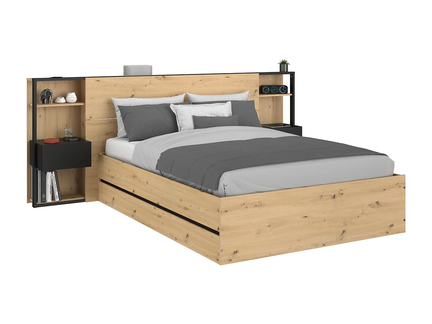 Lit coffre 140 x 190 cm avec chevets - Coloris : Naturel et noir + Matelas - LUDARO