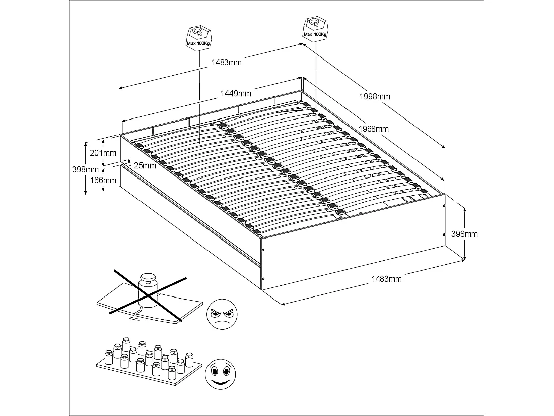 Lit coffre 140 x 190 cm avec chevets - Coloris : Naturel et noir + Matelas - LUDARO