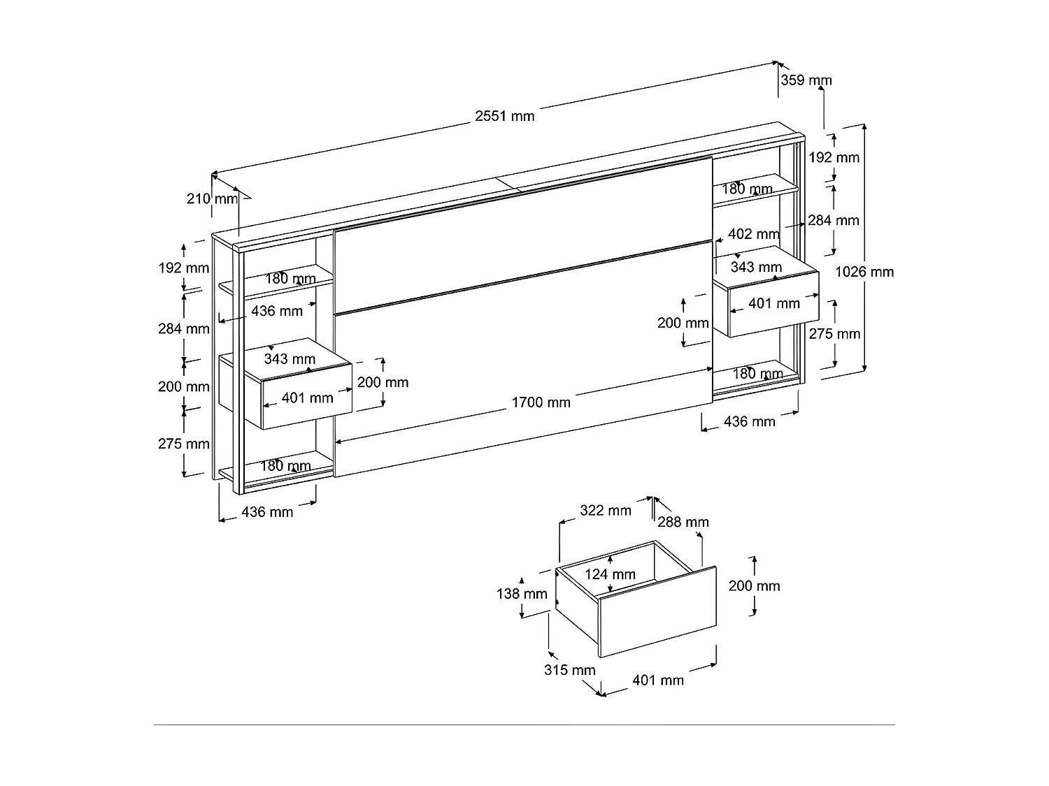Lit coffre 140 x 190 cm avec chevets - Coloris : Naturel et noir + Matelas - LUDARO
