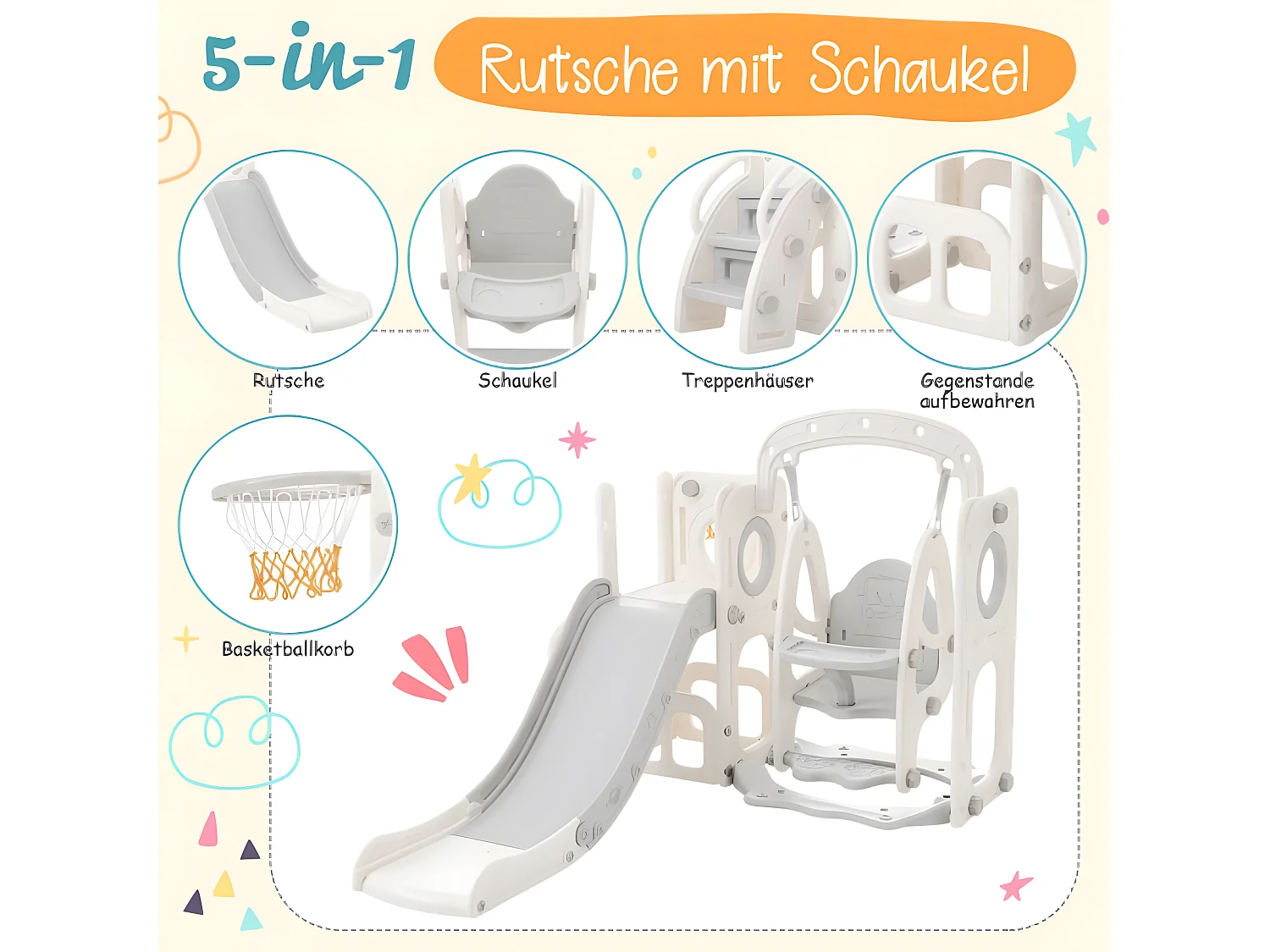 5-in-1 Rutsche für Kinder, inklusive Rutsche und Schaukel