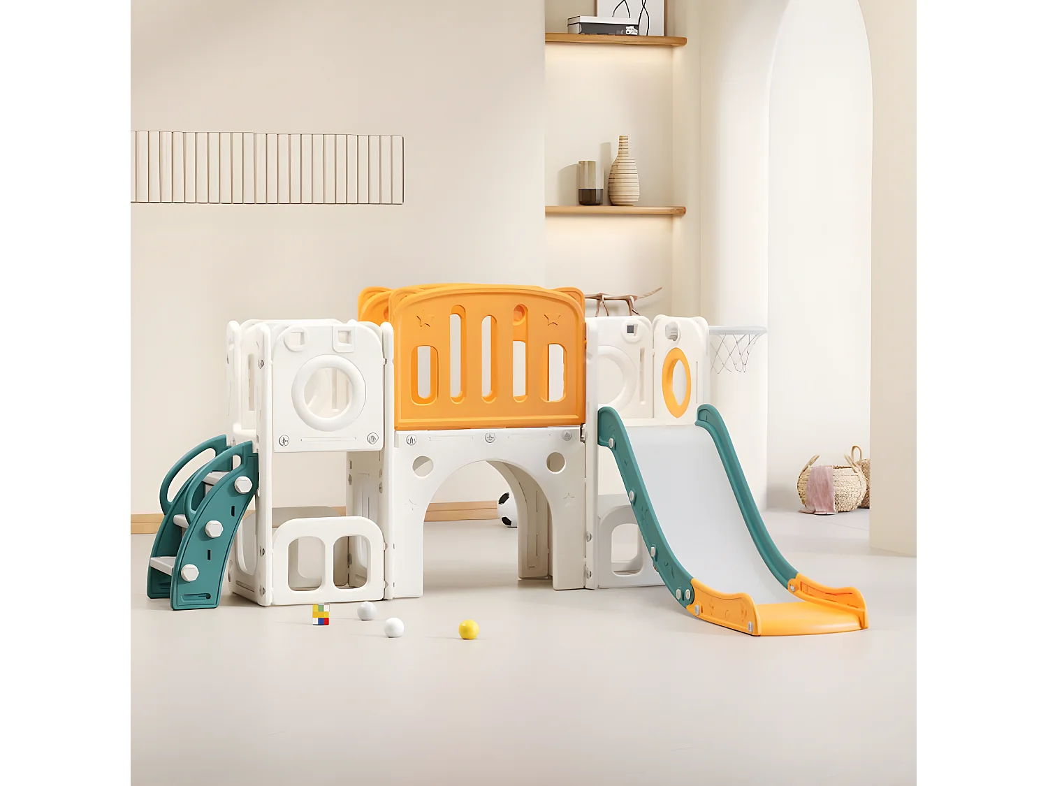 Bären 6-in-1 glijbaan voor kinderen met glijbaan, twee platforms