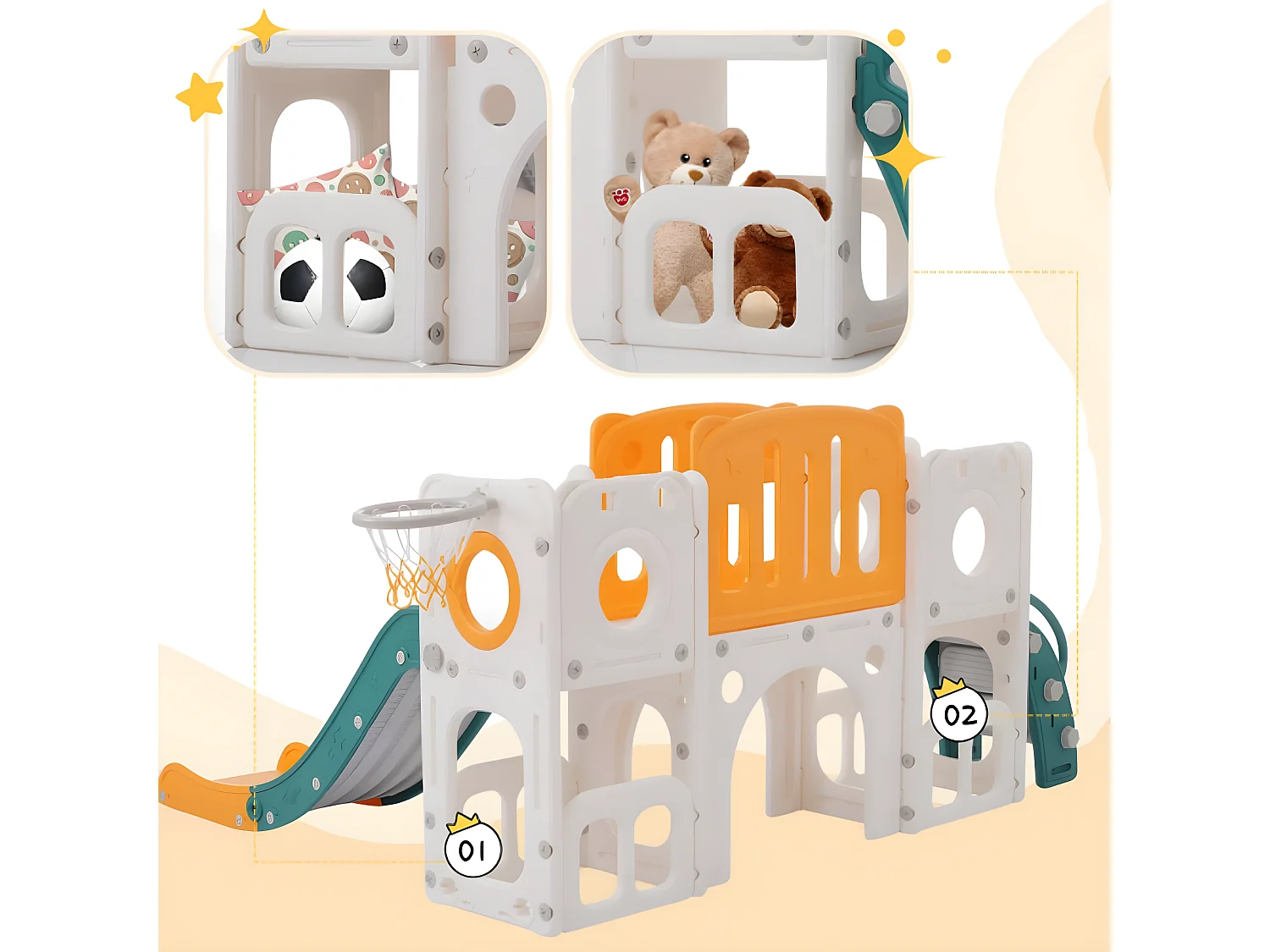 Bären 6-in-1 glijbaan voor kinderen met glijbaan, twee platforms