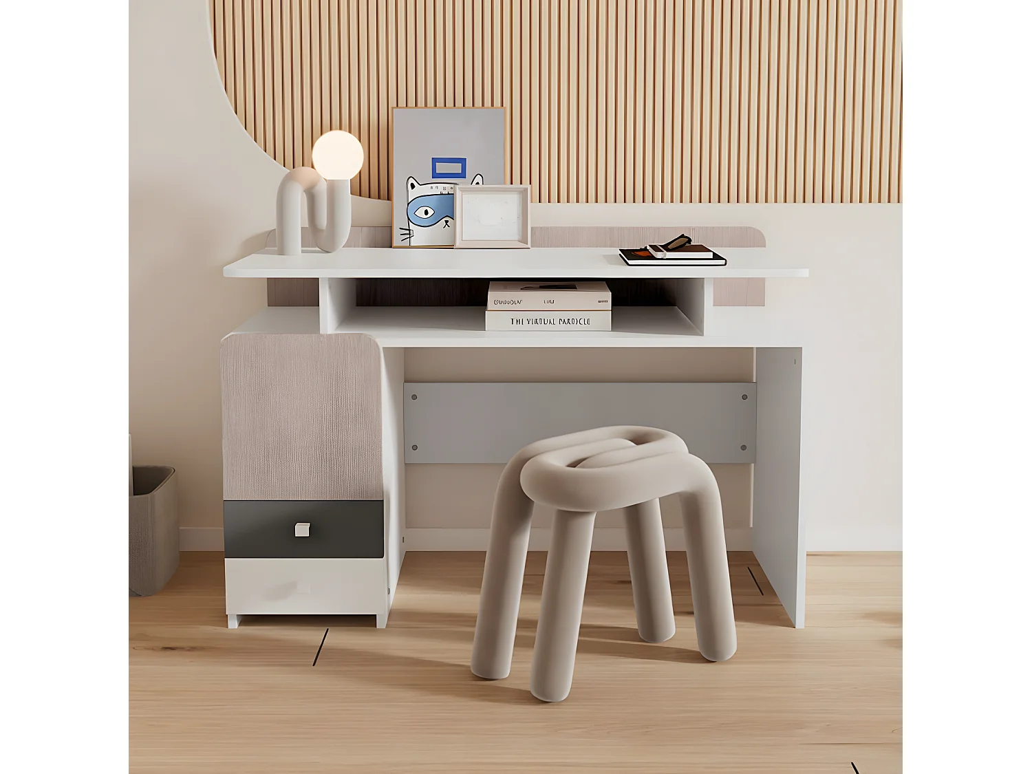 Mesa de tocador para habitación de adolescentes: escritorio, blanco + color álamo claro + gris