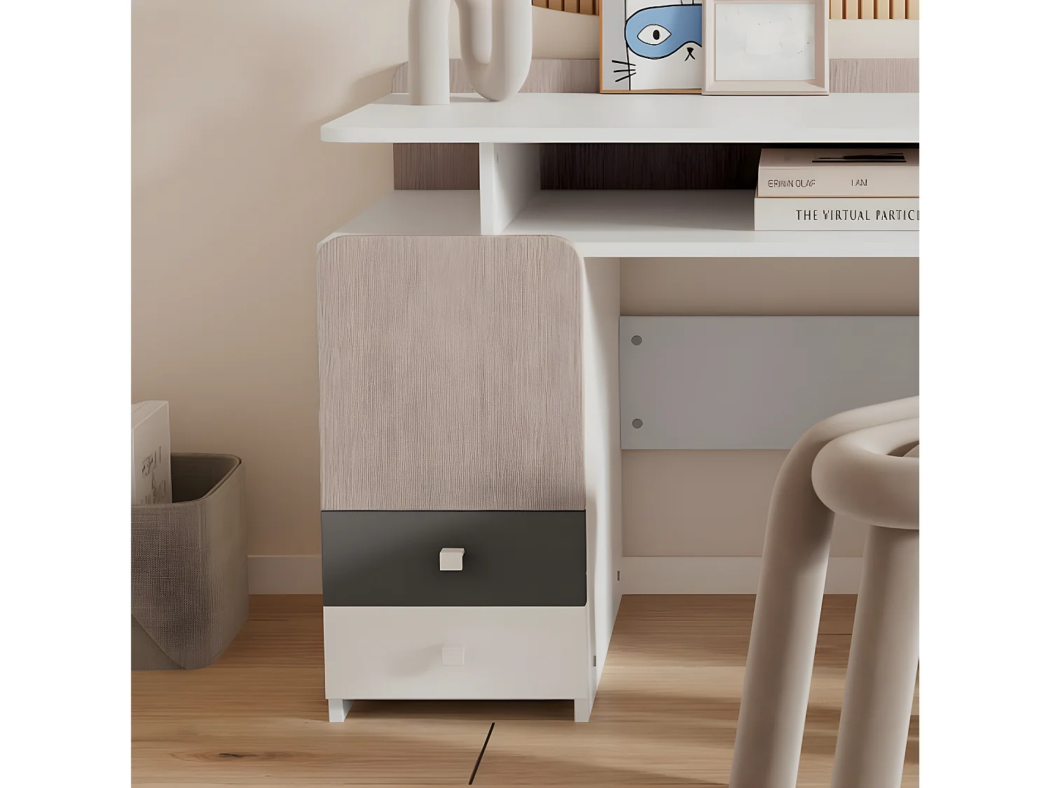 Mesa de tocador para habitación de adolescentes: escritorio, blanco + color álamo claro + gris