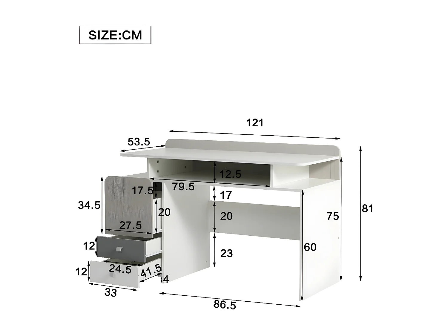 Coiffeuse pour chambre d'adolescent : Bureau, blanc + couleur ulme claire + gris