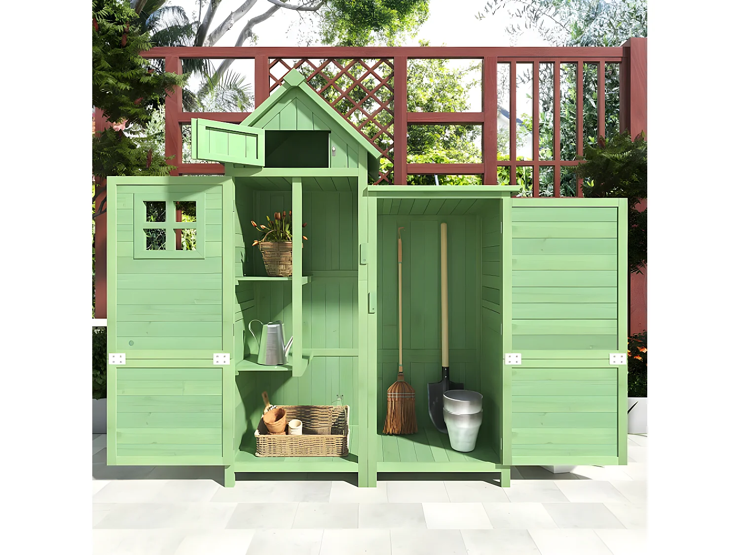 Casetta da giardino in legno resistente alle intemperie con tetto in PVC.