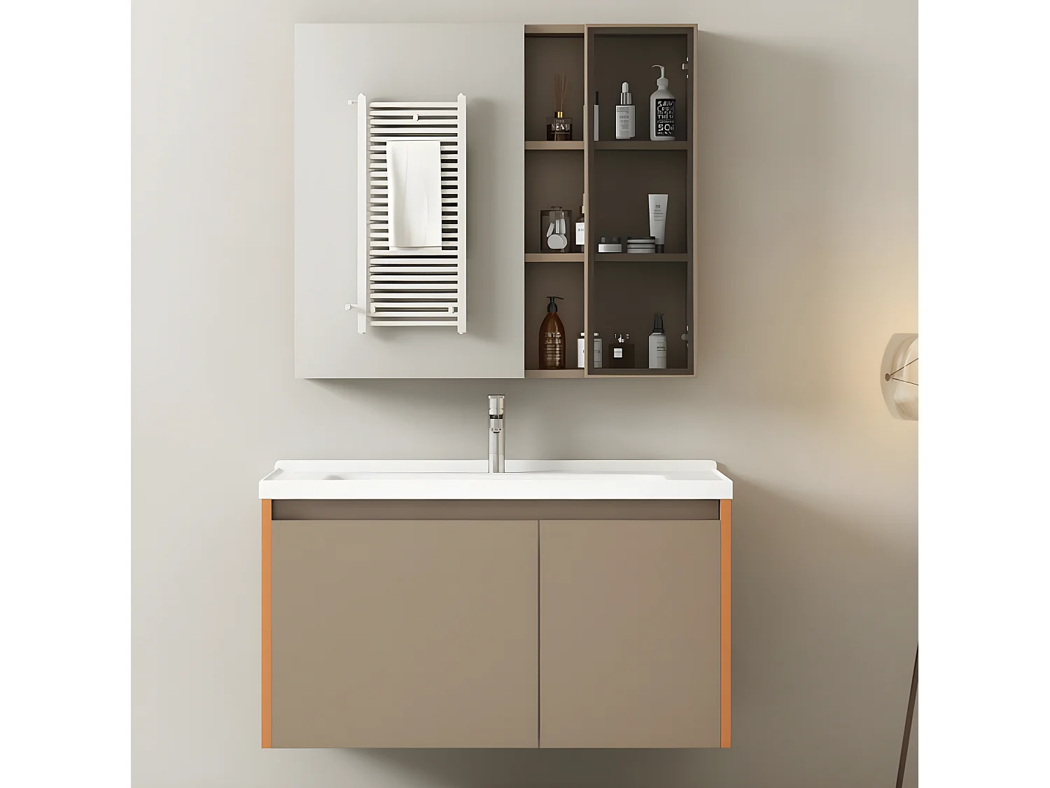 Hangend wastafelmeubel van 90 cm met keramische wastafel, lichtbruin