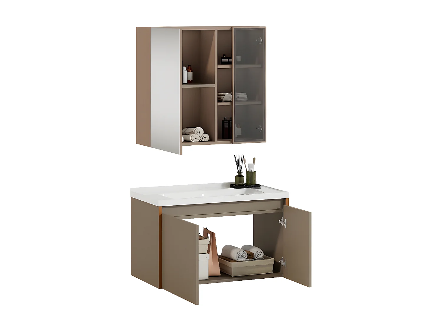 Hangend wastafelmeubel van 90 cm met keramische wastafel, lichtbruin