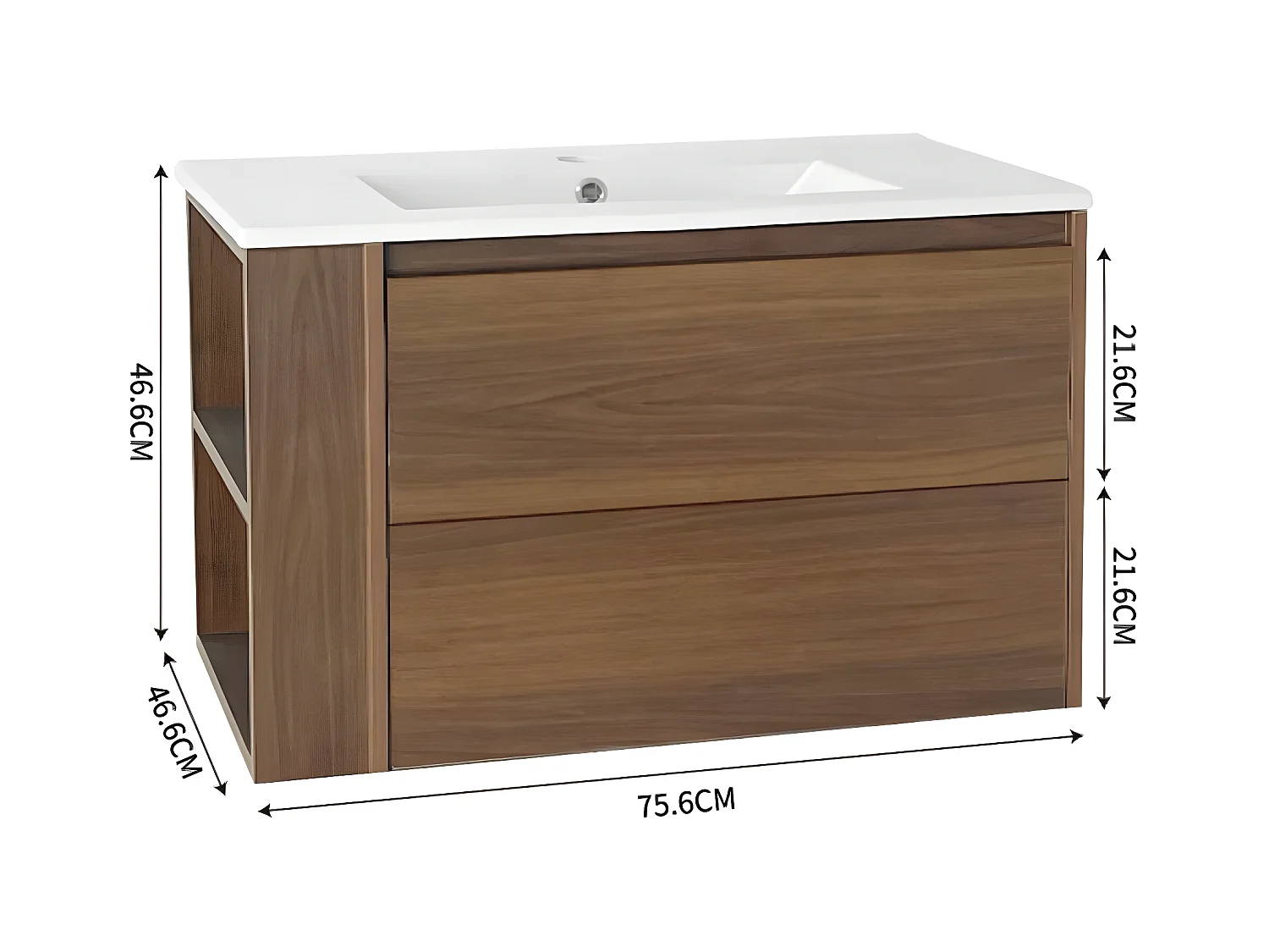 Meuble lavabo suspendu de 76 cm de large, couleur brune