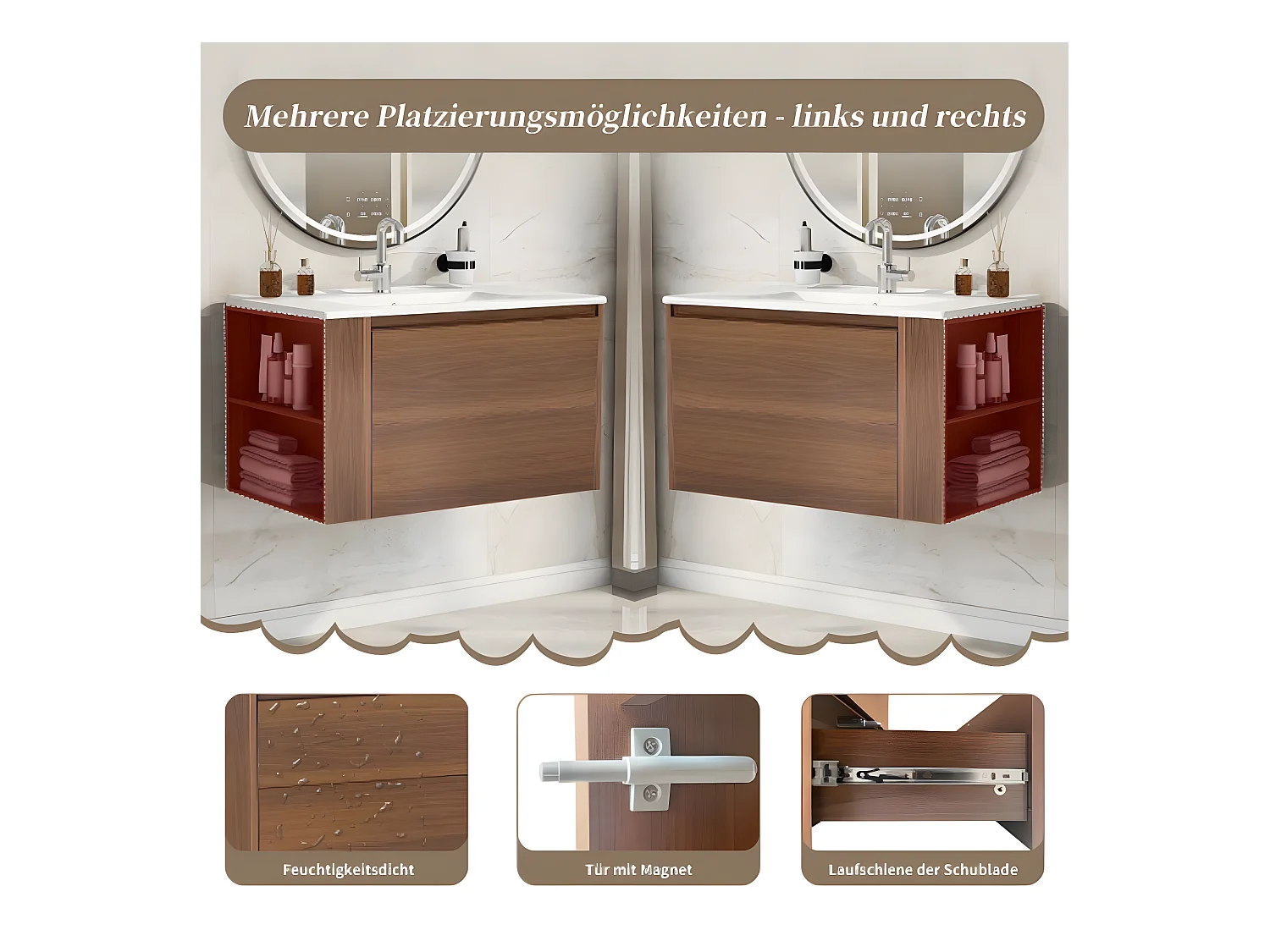 Meuble lavabo suspendu de 76 cm de large, couleur brune