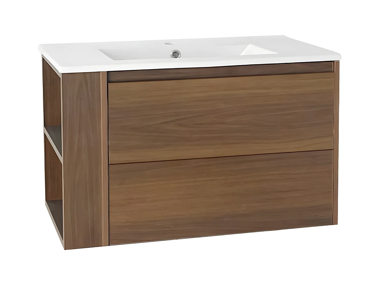 Lavabo suspendu de 76 cm de large, avec vasque en céramique, avec tiroirs, brun