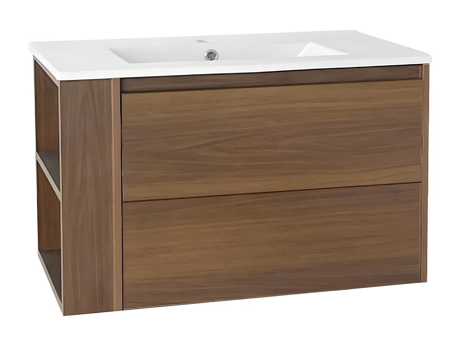 Lavabo suspendu de 76 cm de large, avec vasque en céramique, avec tiroirs, brun