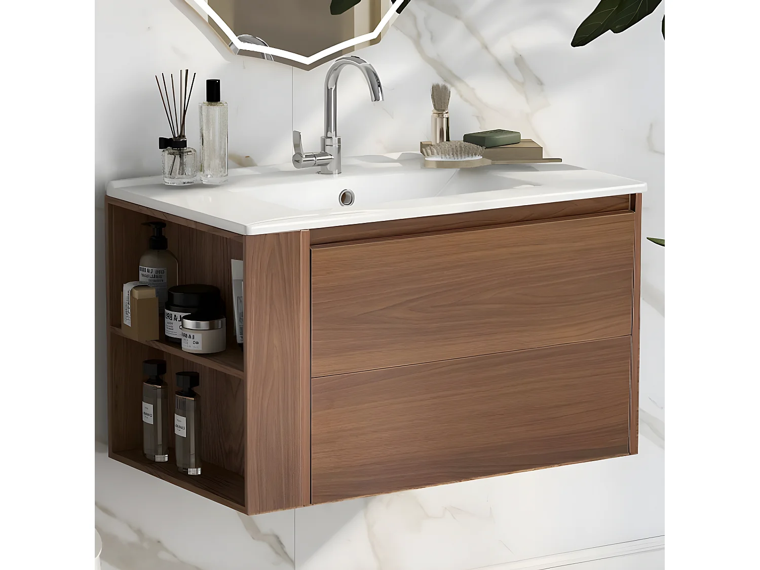 Lavabo suspendu de 76 cm de large, avec vasque en céramique, avec tiroirs, brun