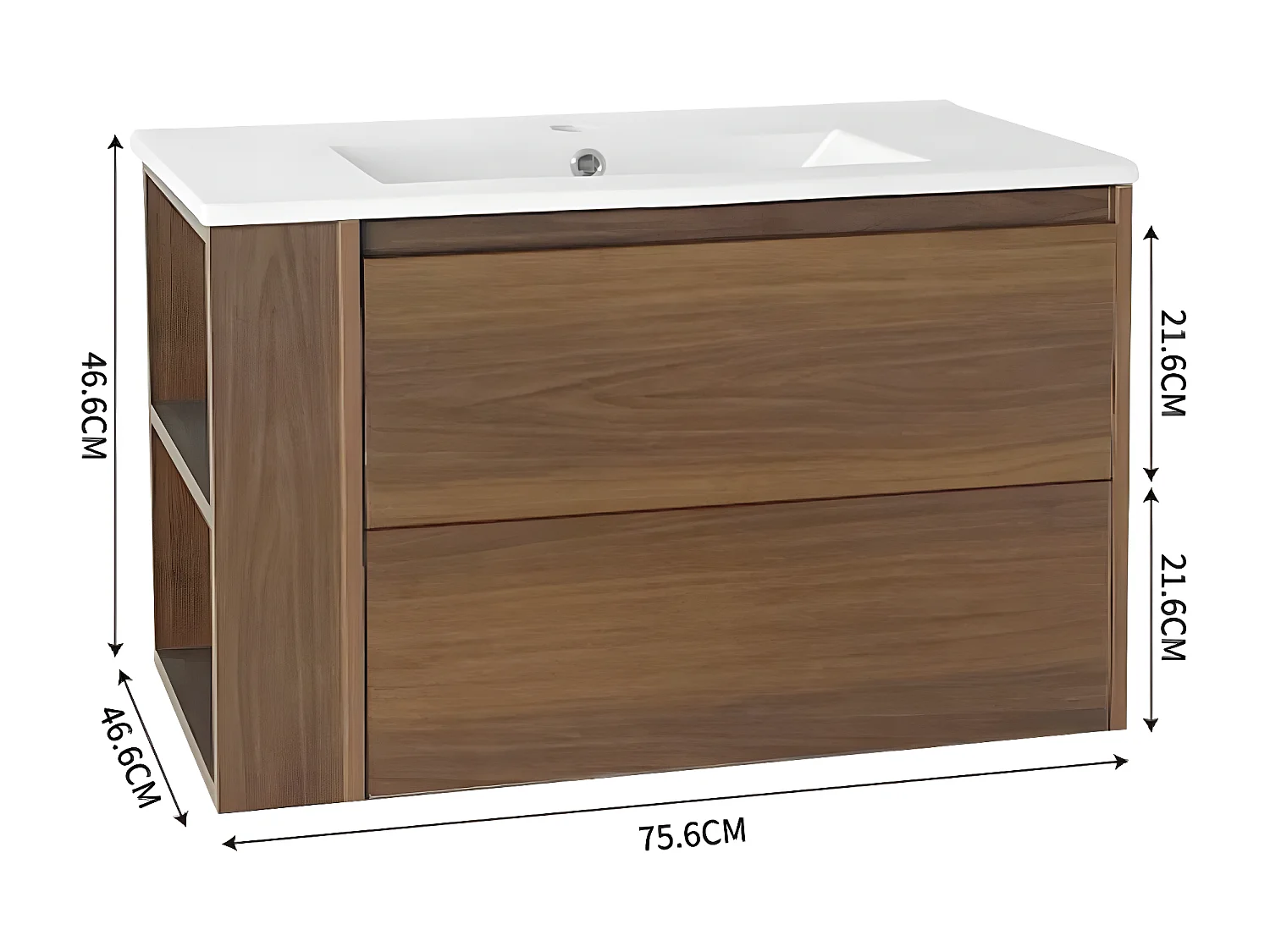 Lavabo suspendu de 76 cm de large, avec vasque en céramique, avec tiroirs, brun