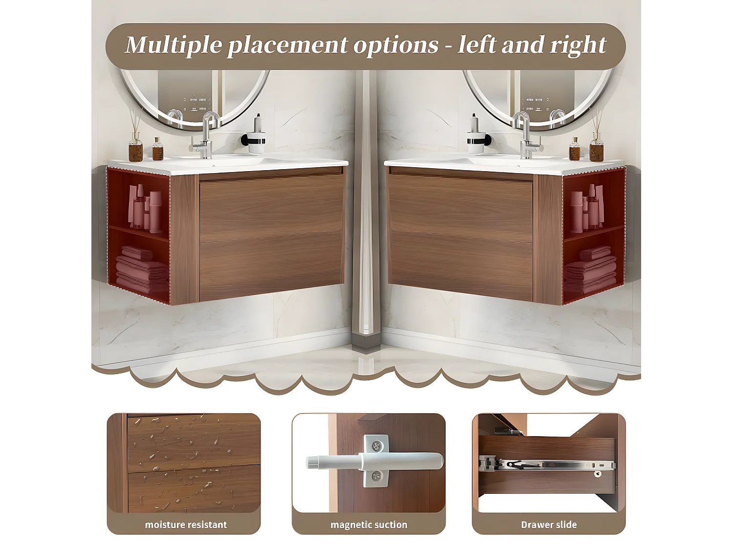 Lavabo suspendu de 76 cm de large, avec vasque en céramique, avec tiroirs, brun