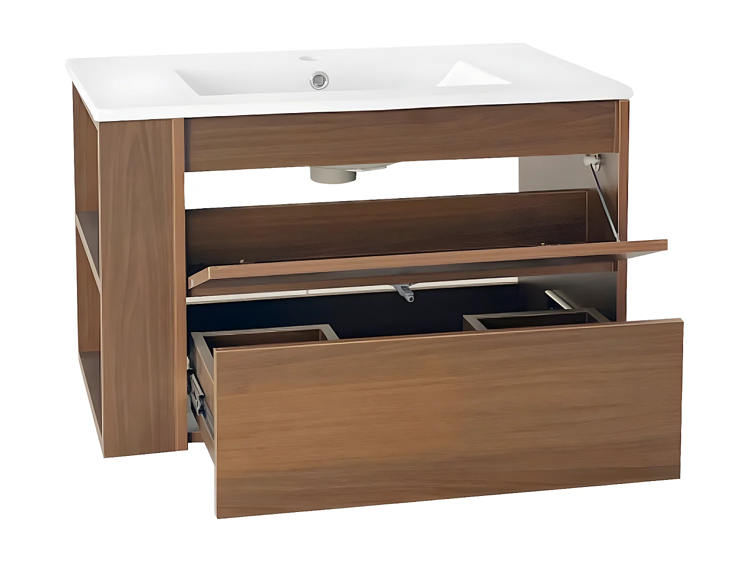 Lavabo suspendu de 76 cm de large, avec vasque en céramique, avec tiroirs, brun