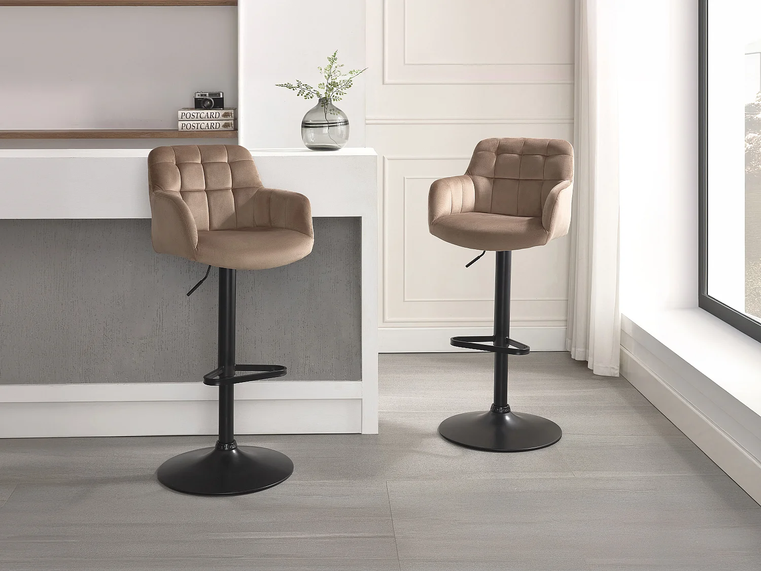 Lot de 2 tabourets de bar en velours et métal noir - Hauteur réglable - Beige - PEGA de Pascal MORABITO