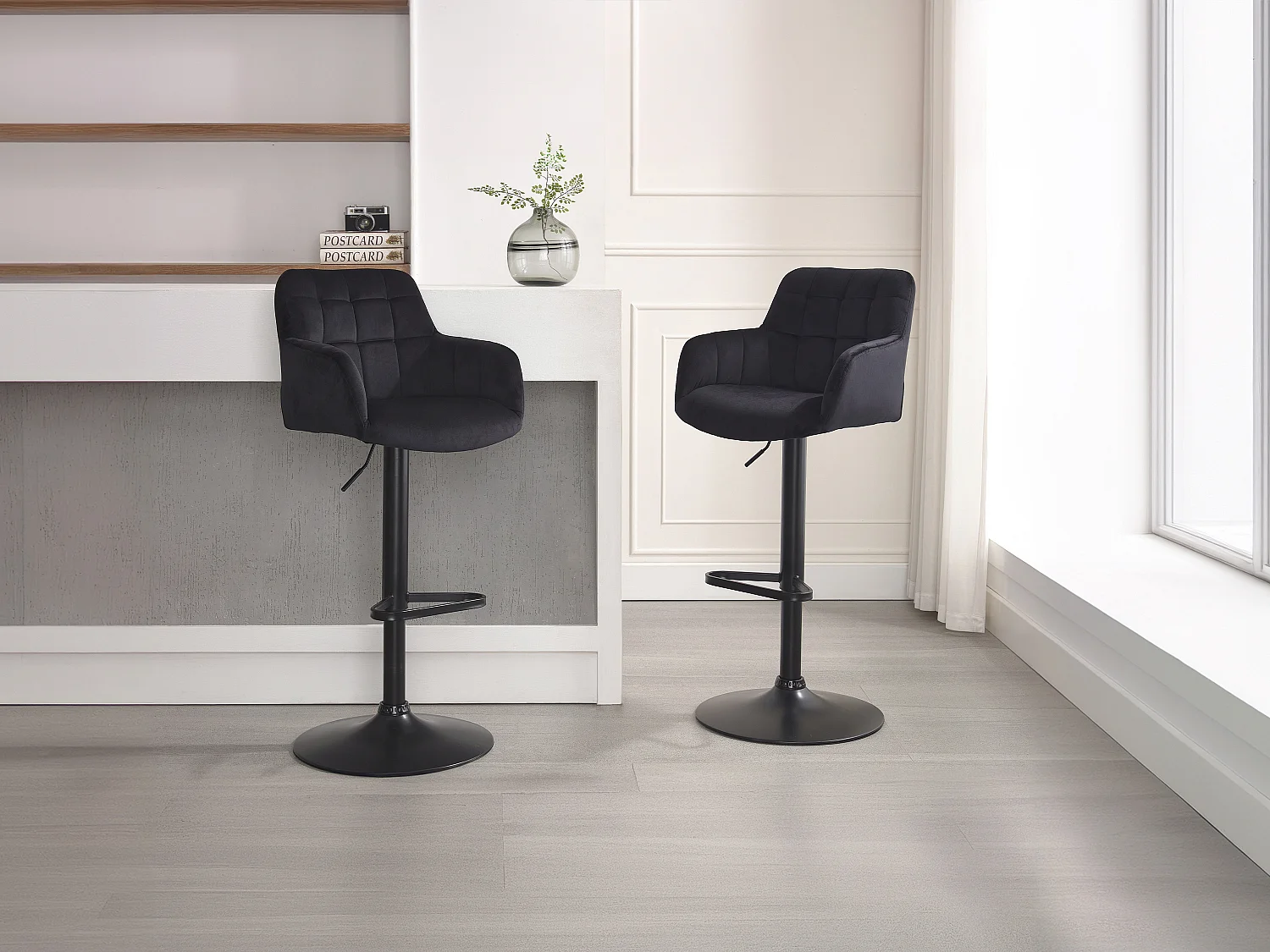 Lot de 2 tabourets de bar en velours et métal - Hauteur réglable - Noir - PEGA de Pascal MORABITO