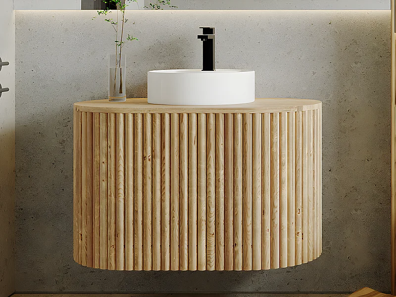 Meuble de salle de bain suspendu en teck avec vasque ronde - 90 cm - TOWARI