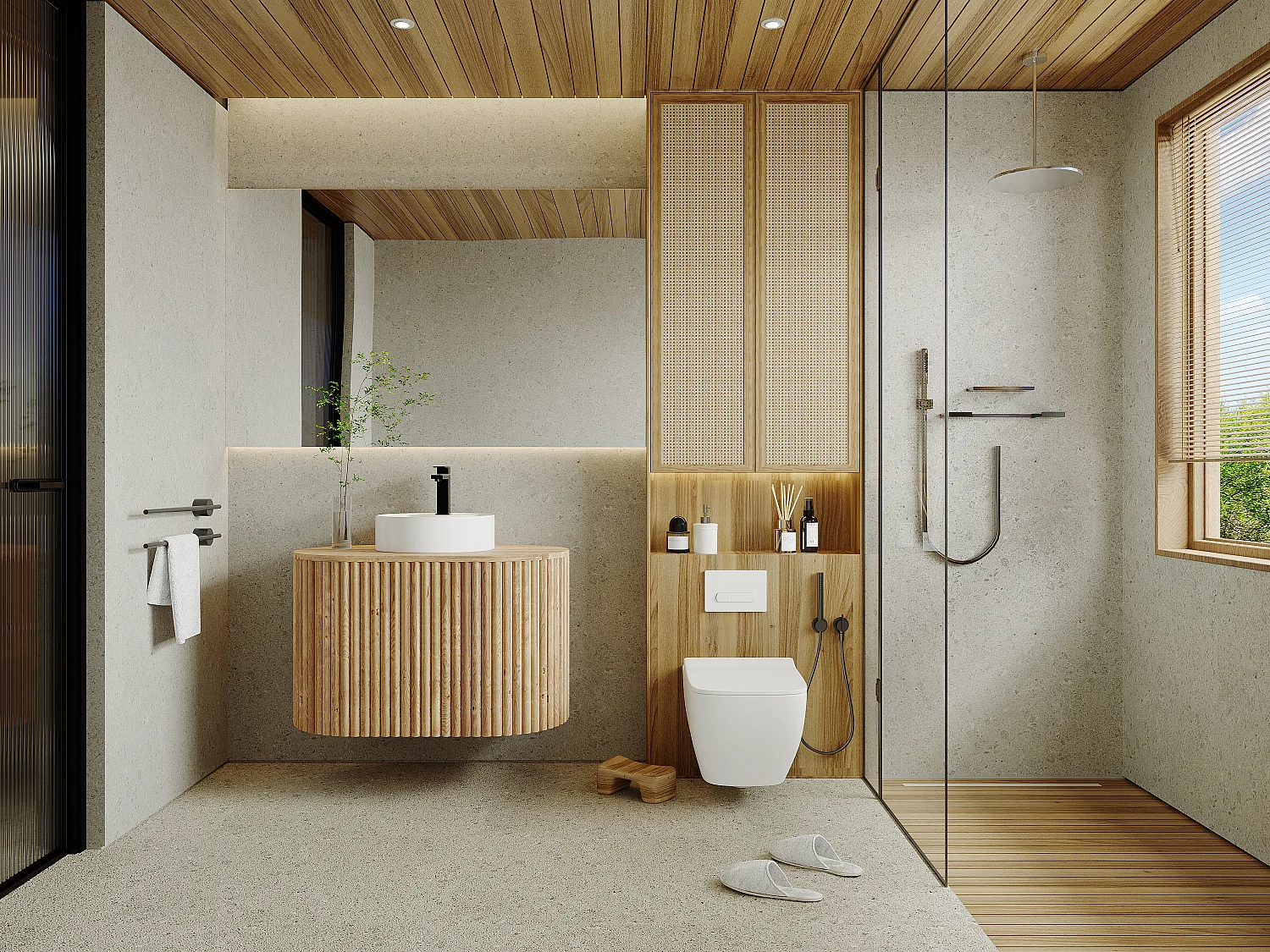 Meuble de salle de bain suspendu en teck avec vasque ronde - 90 cm - TOWARI