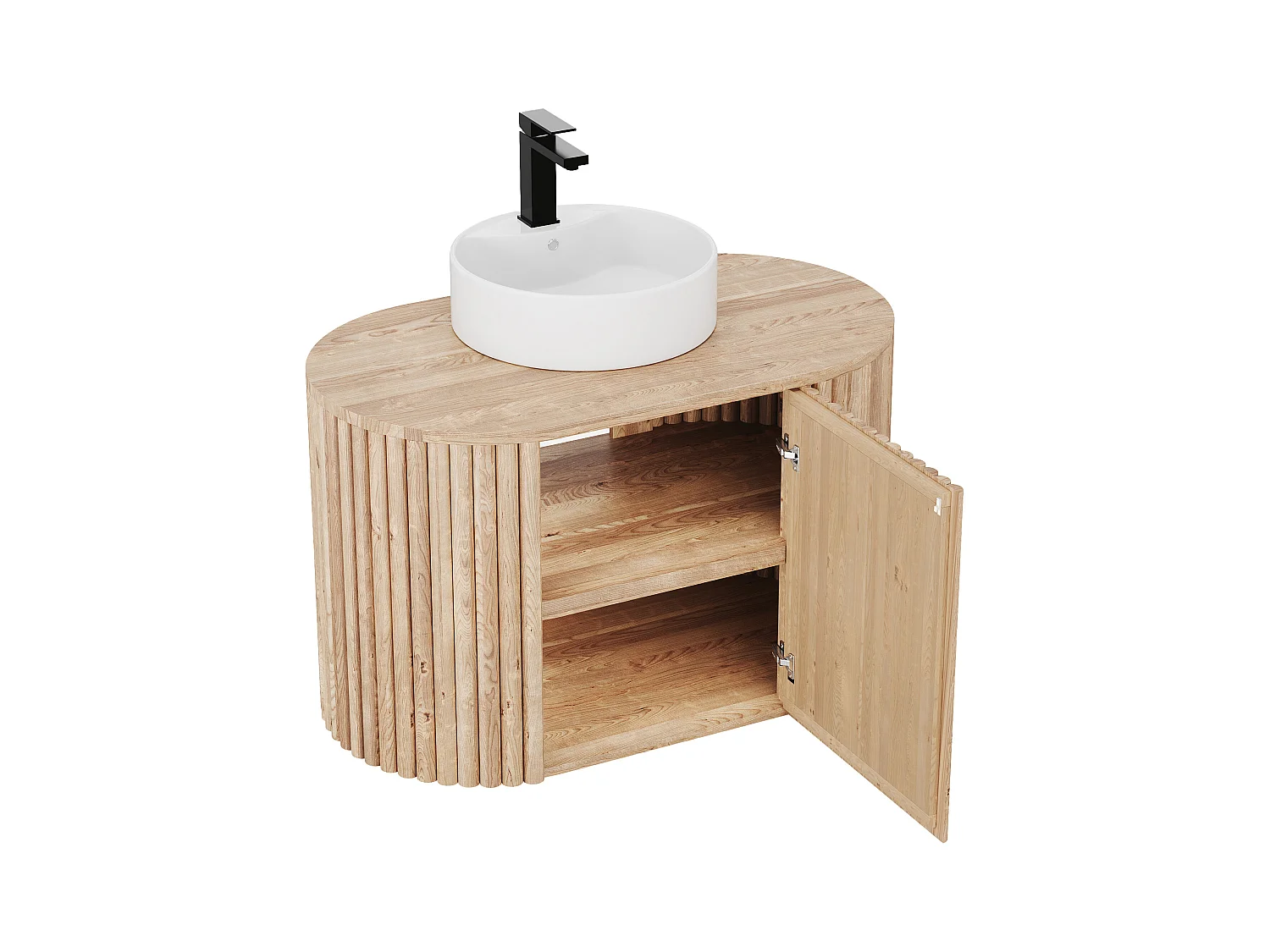 Vegghengt baderomsinnredning i teak med rundt servant - 90 cm - TOWARI